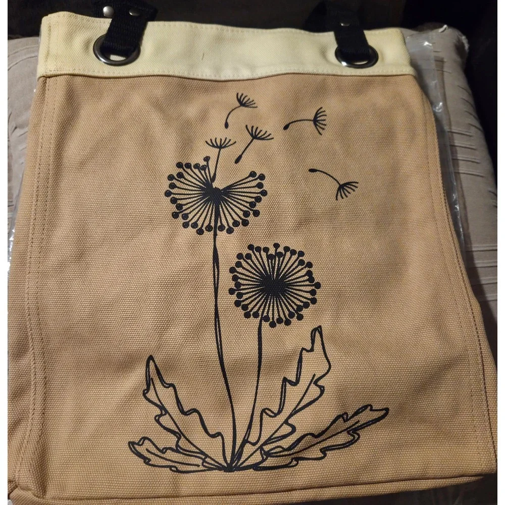 Thirty-One Retired Canvas Storage Tote‎ Dandelions Pattern Tan Cream Bag NIP